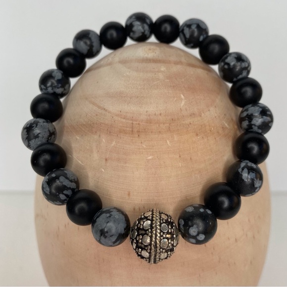 💰 𝕊 𝕠 𝕝 𝕕 💰 Onyx & Snowflake Obsidian Gemstone Stacking Stretchy Bracelet - Picture 12 of 12